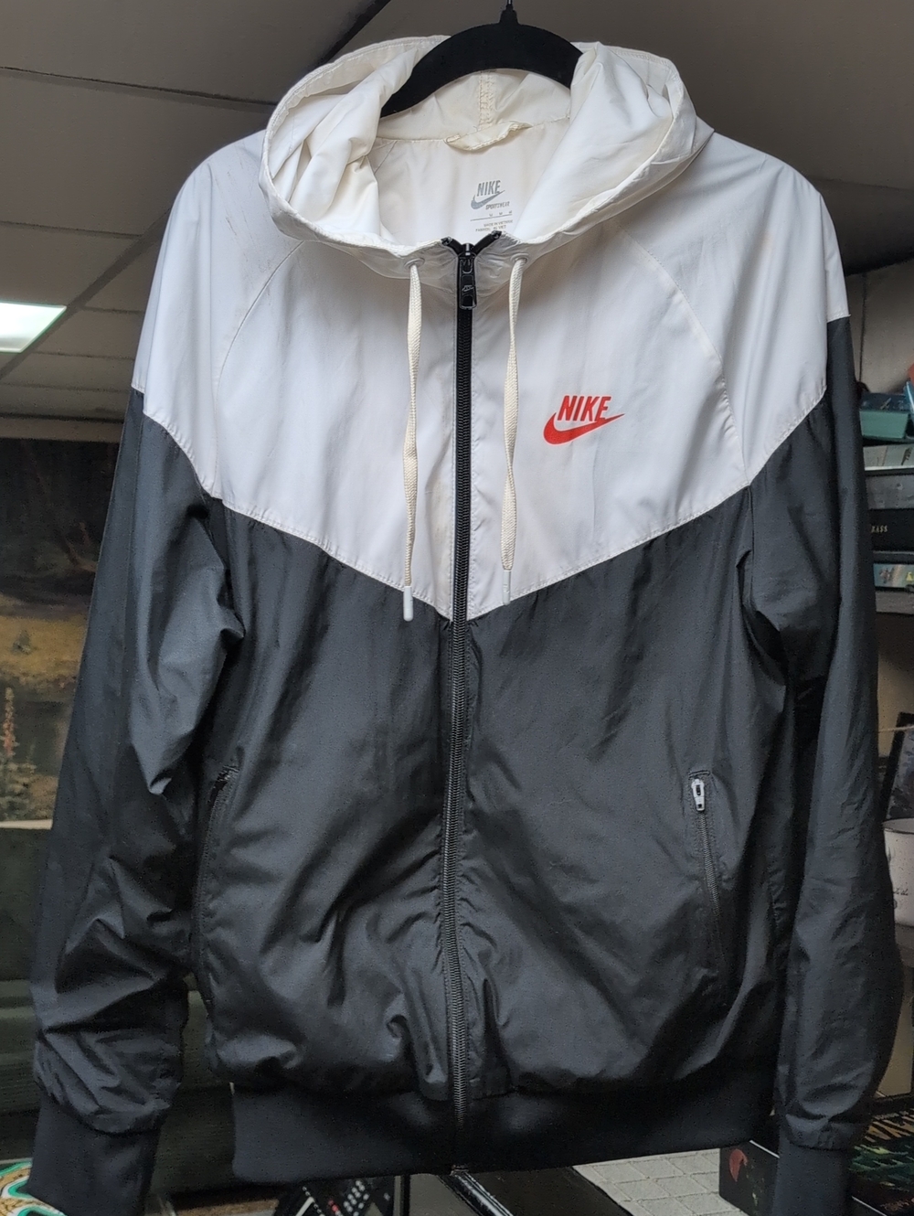 Nike Black & White Hooded Windbreaker with Red Swoosh